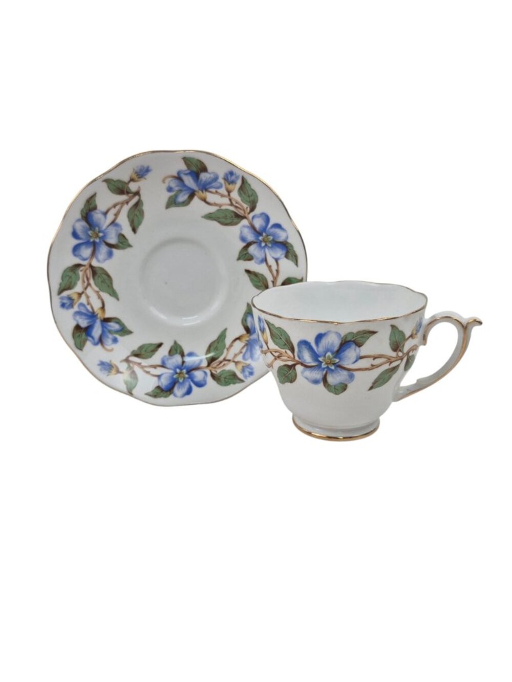 Roslyn Tea Cup Saucer Set Nu Era Periwinkle Blue Floral Bone China England - Picture 8 of 10